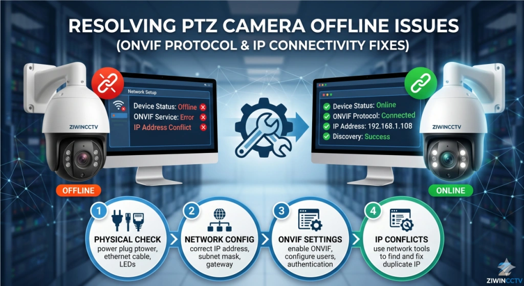 Câmera PTZ Offline? Correções de Conectividade IP e Protocolo ONVIF