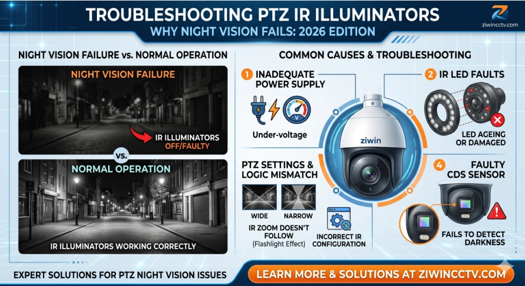 Solução de problemas de iluminadores infravermelhos PTZ: por que a visão noturna falha [2026]